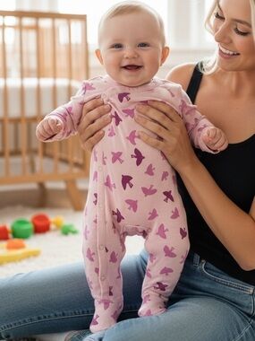 Tea Collection Baby Girl Pink Bird Print Footie One Piece 3-6M A18